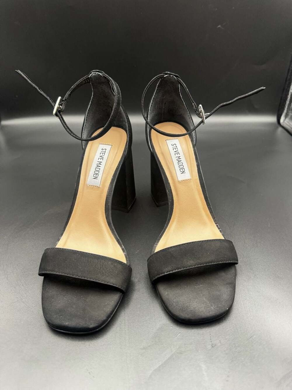 Steve Madden Black Block Heel Ankle Strap Sandals Minimalist Modern